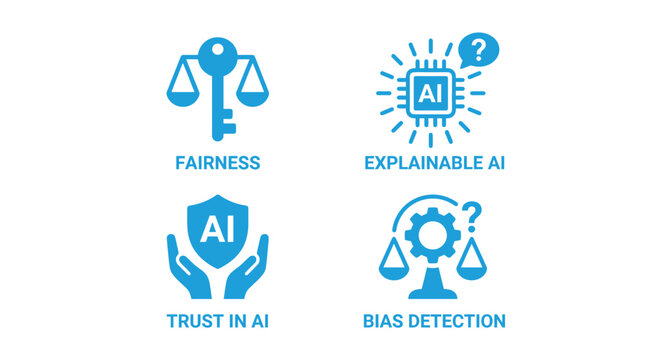 Vector graphic illustration Blue AI fairness and trust icons set