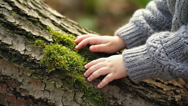 child hands touching vibrant green moss on tree trunk in public park