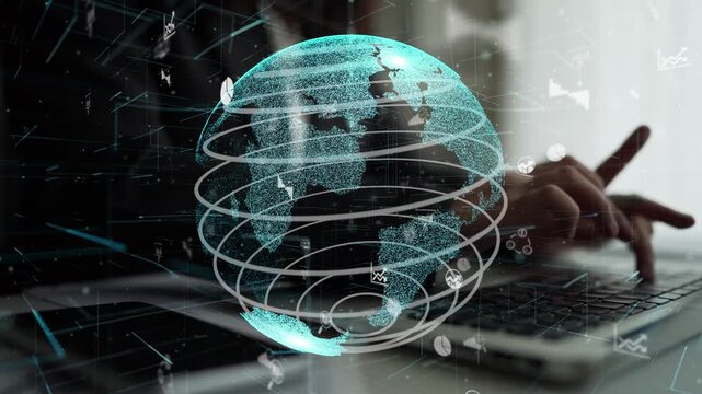 A mesmerizing digital globe surrounded by data visualizations and charts represents the interconnectedness of modern business and technology in a dynamic work environment. Xenic