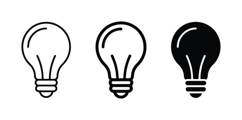 Light Bulb Icons Set: Simple Outline, Detailed Line Art, and Solid Black Vector Graphics for Ideas, Innovation, and Energy Concepts © Nazia