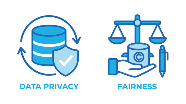 Vector graphic illustration Blue data privacy and fairness icons on white background