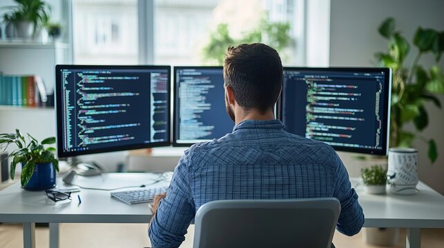 Professional male software developer working on complex computer code using multiple monitors in bright modern office