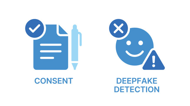 Vector graphic illustration Blue icons for consent and deepfake detection