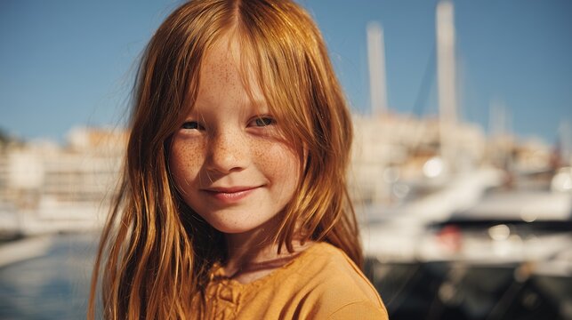 Cheerful young girl with red hair smiles, standing at a sunny marina with blurred yachts in the background.