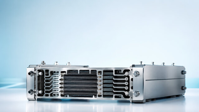 Hydrogen fuel cell stack cross section in clean technical laboratory