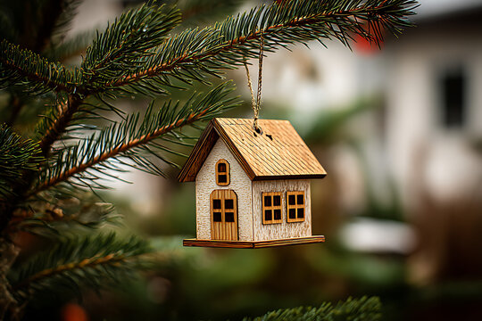 Rustic wooden house ornament hanging on Christmas tree branch, miniature cottage decoration, festive winter holiday home concept