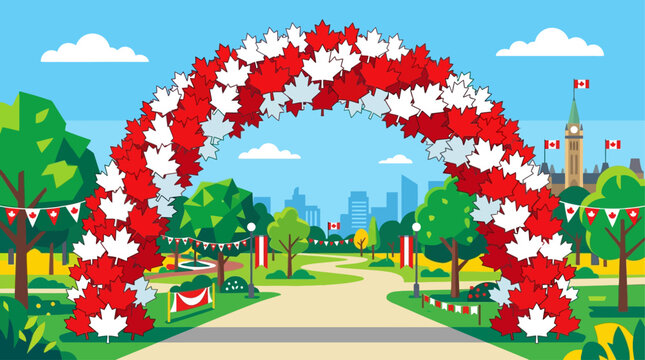 Giant red and white balloon arch for Canada Day celebration in park
