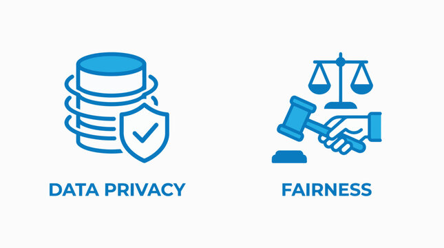 Vector graphic illustration Blue icons for data privacy and fairness