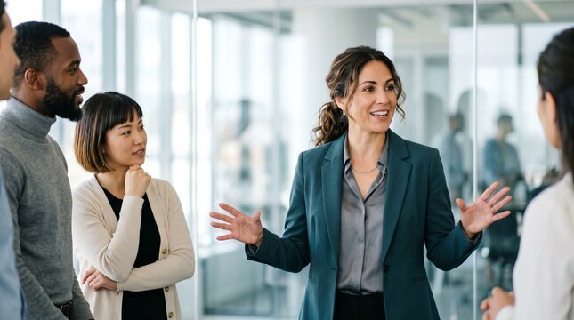 Confident professional businesswoman leading a creative meeting with diverse colleagues in a modern office, dynamic communication and teamwork, corporate leadership and business strategy concept.