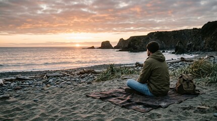 Fototapeta premium Solitary male traveler sitting on blanket enjoying peaceful ocean sunset view on rocky northern beach