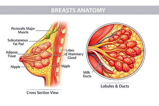 Breast anatomy diagram showing cross section view and lobules ducts