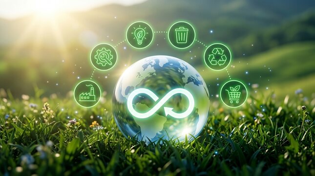 Circular economy concept with green eco icons around glass globe on sustainable grass background. Infinity loop arrow symbol representing environmental recycling and zero waste management.