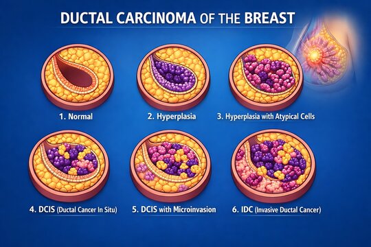 Ductal carcinoma of the breast stages and cell types with carcinoma, hyperplasia
