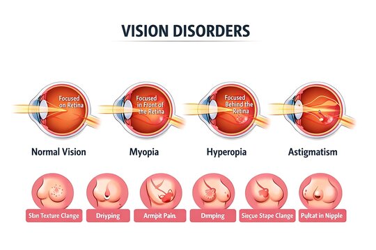 Vision disorders diagram showing normal vision myopia hypermetropia astigmatism