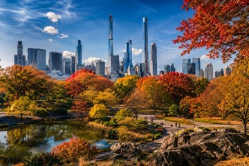 Fototapeta premium Beautiful autumn foliage in Central Park with Manhattan skyline and yellow cab, New York City