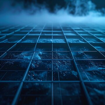 Futuristic grid with blue glowing lines.