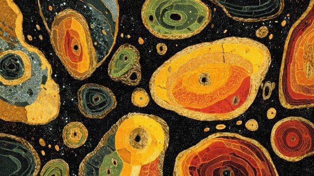 colorful mineral cross section pattern abstract agate stone texture with yellow green and red rings glowing starry background design precious crystal geode slice organic gemstone pattern art print