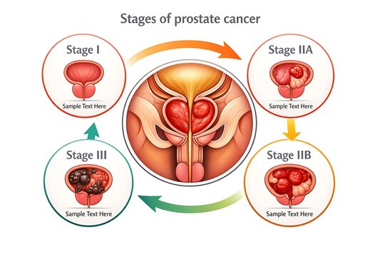 Illustration of the stages of prostate cancer development and progression