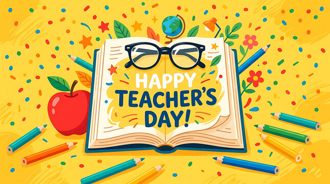 Open book with glasses apple pencils and globe celebrating teachers day