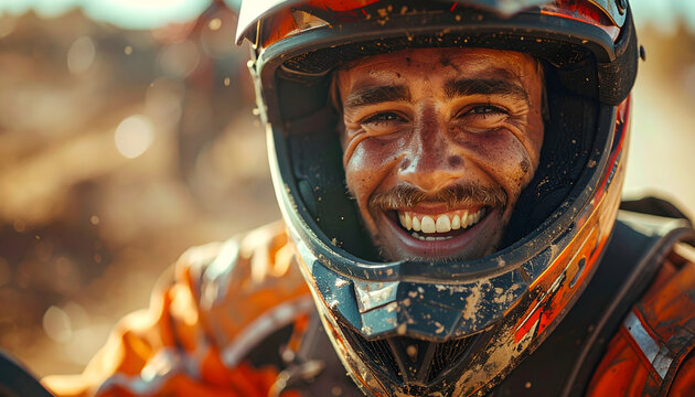 Man wearing a racing suit and helmet with visor up laughing while sitting on his powerful dirt bike industrial grit generative AI