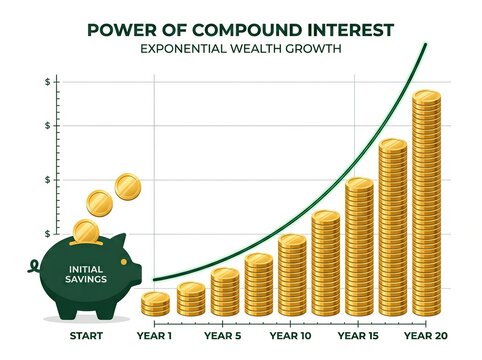 Modern Vector Graphic of Compound Interest Growth Curve with Coins and Piggy Bank