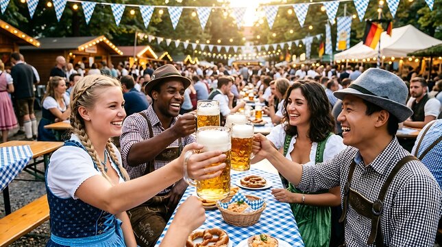 Oktoberfest celebration with friends in traditional german attire