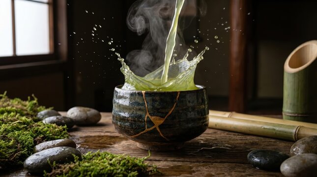 Green tea splashing into ceramic bowl on wooden table with moss and stones.