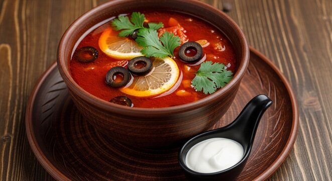 Traditional solyanka soup served in a rustic brown ceramic bowl featuring vibrant lemon slices black olives fresh green parsley and a side of creamy white sour