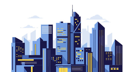 Modern city skyline with tall buildings and glowing windows © Sari