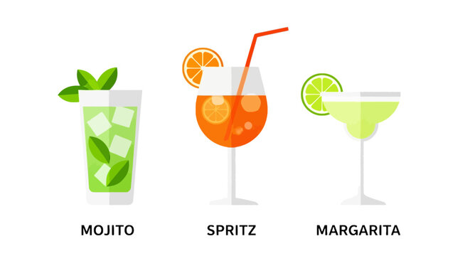 Cocktail icons, drink symbols, mojito, spritz, margarita, vector isolated on White Background Editable EPS