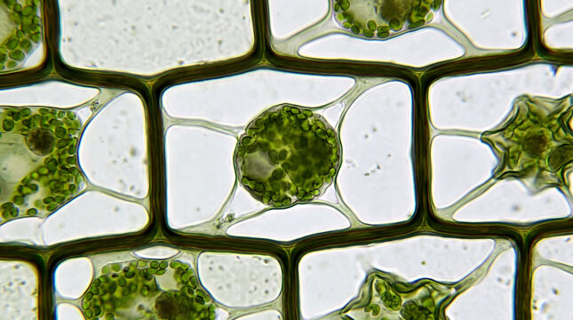 Microscopic view of green plant cells with visible chloroplasts structure