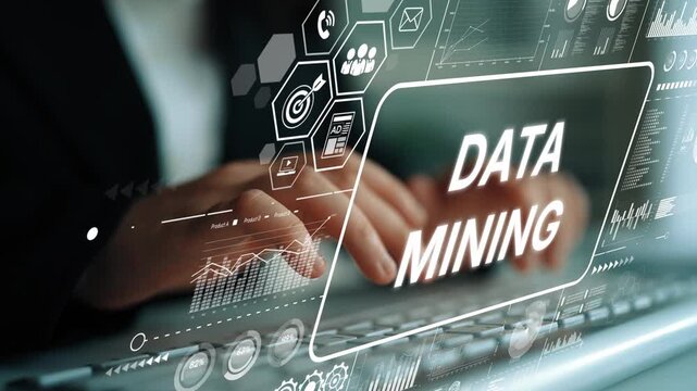 Hands on keyboard with data mining interface showing graphs, icons, and statistics in a modern technology setup. Asymptotic smart data analytic.