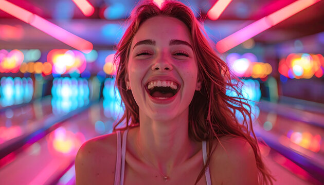 Woman in a bowling alley laughs and jumps because she knocked down all ten pins with an ecstatic triumphant expression generative AI
