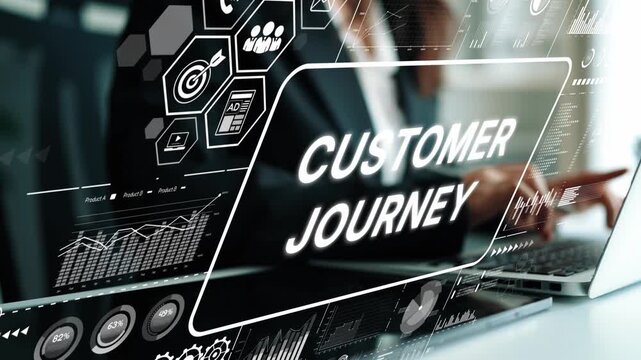 Detailed Concept of Customer Journey with Digital Graphs and Business Elements Exhibited on a Laptop Screen. Asymptotic smart data analytic.