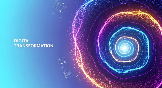 Glowing abstract digital vortex with text d i g i t a l t r a n s f o r m a t i o n transformation