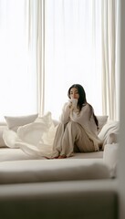 Obraz premium Serene morning light illuminates a woman's relaxed moment in a minimalist modern living room design