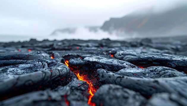 Lava flow with smoke and fire.