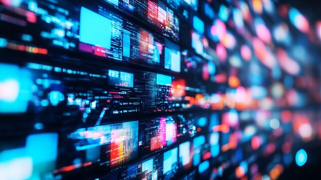 Digital display of glowing blue and red data streams showing complex abstract information network patterns