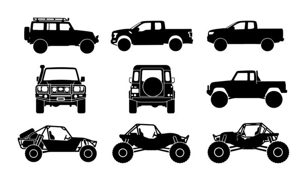 Off-Road Vehicle Silhouettes: SUV, Pickup Trucks, Dune Buggies, Vector Icons for Adventure and Transport