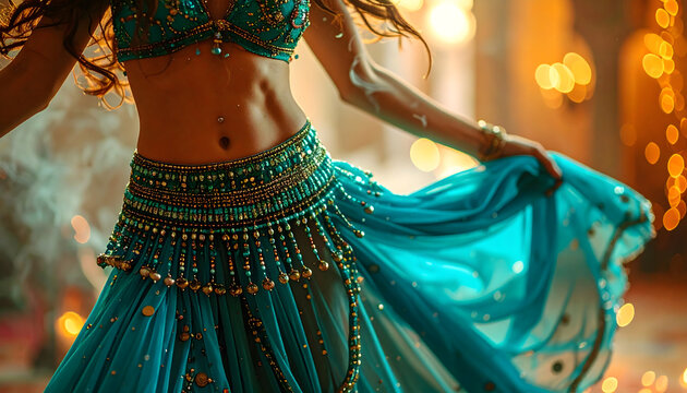 Dancer in a beaded turquoise costume performs a shimmy with swirling beads and coins amidst a warm middle eastern atmosphere generative AI