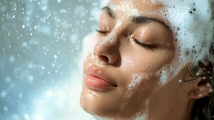 Naklejka premium Close up portrait of a beautiful young woman with closed eyes enjoying a refreshing shower with white soap foam on her glowing skin and wet hair in the spa bathroom