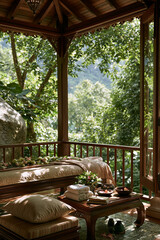 Fototapeta premium Outdoor massage pavilion with flowers towels and forest view for holistic wellness retreat and premium relaxation