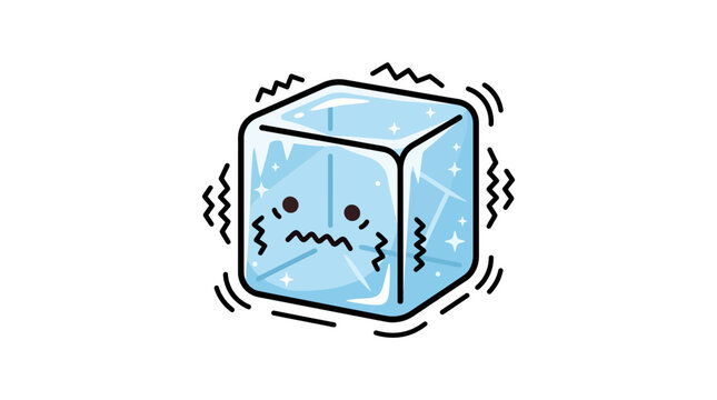 Cute Cartoon Ice Cube Character Shivering with Cold and Frosty Aura