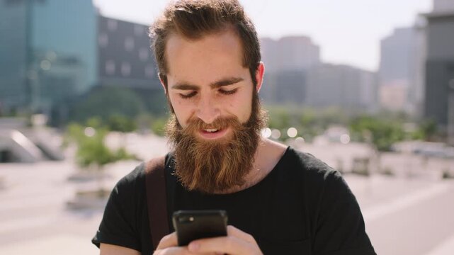 Man, smile and phone in city for scroll, chat and social media browse online with internet. Outdoor, mobile app and connection with tech for communication, networking and text message to contact