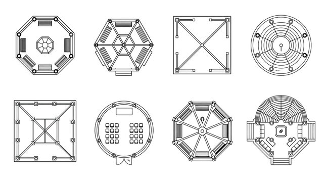 Various technical drawing designs of octagonal and square shaped objects with lines and circles