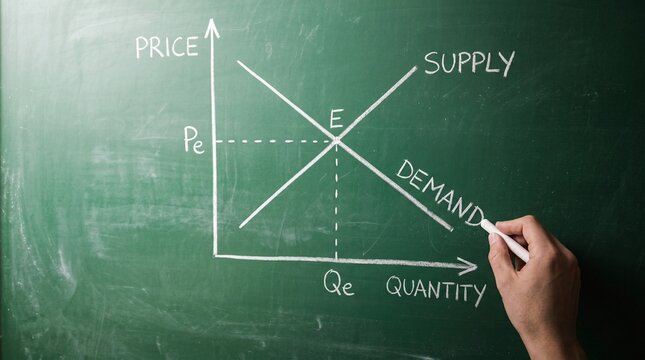 Economics, business, supply and demand graph on chalkboard, hand drawing chart