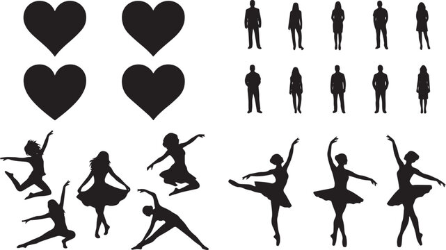 Collection of black silhouettes featuring heart shapes, professional standing people, dancing figures, and graceful ballet dancers