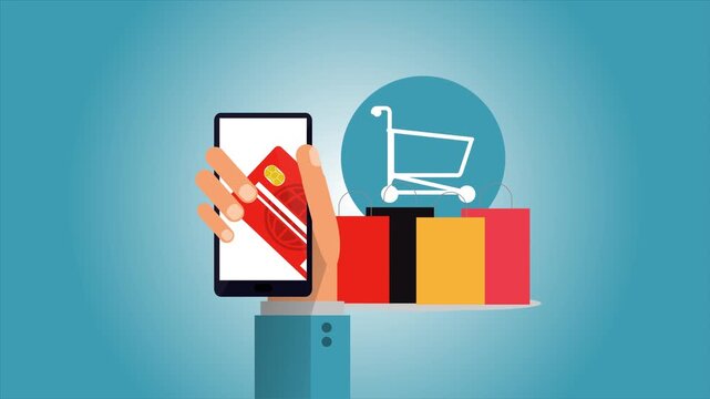 Mobile Contactless Payment Processing and Digital E-commerce Retail Transaction Animation: Hand Holding Smartphone with Credit Card next to Boutique Shopping Bags, Teal Background, Seamless Loop.