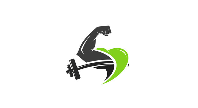 Muscular arm flexing with barbell and green heart health logo