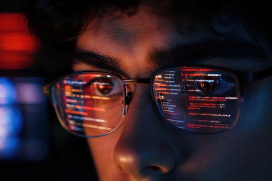 Close-up of a programmers face with code reflections on glasses, symbolizing digital work and technology.